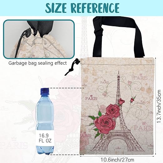 Car Trash Bag Pink Eiffel Tower and Roses Leak-Proof Waterproof Car Garbage Bag with Drawstring Foldable Canvas Trash Bin with Adjustable Buckle for Car Accessories, Travelling, Camping