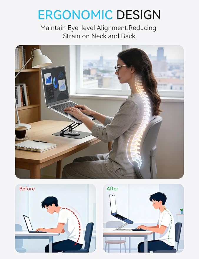 SOUNDANCE 360 Rotating Laptop Stand, Ergonomic Computer Riser for Desk, Adjustable Height Multi-Angle Metal Holder, Foldable Portable Notebook Elevating Base for Office & Home, Black