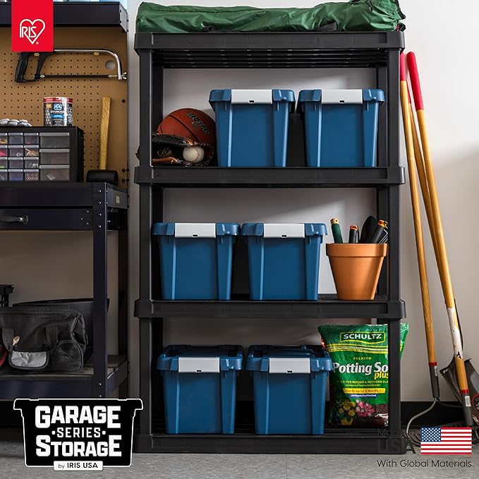 IRIS USA 5 Gallon Eco-Friendly Lockable Storage Bins with Lids, 6 Pack - Made in USA, Heavy Duty, Stackable Containers, Garage Organizing Bins Moving Tubs, Rugged Sturdy Equipment Utility Box - Navy