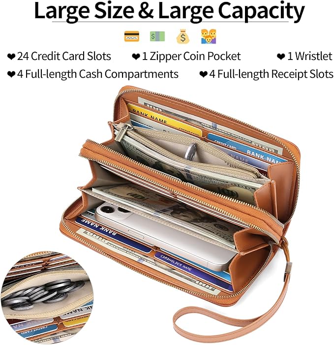 GAEKEAO Wallet for Women Clutch RFID Blocking Wristlet Leather Purse Large Capacity Credit Card Holder with Grip Hand Strap