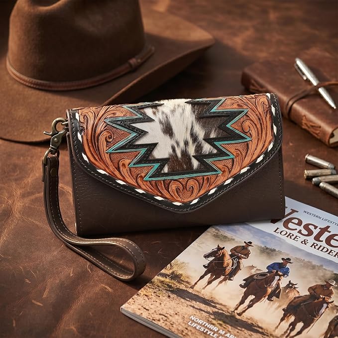 Merbaa Western Leather Wallet for Women, Hair-On Vegetable Tanned Leather Clutch Aztec Wristlet Purse, Card Cases & Money Organizers Bifold Cash Phone Slim Organizer with Card Slots, Zip Coin Pocket
