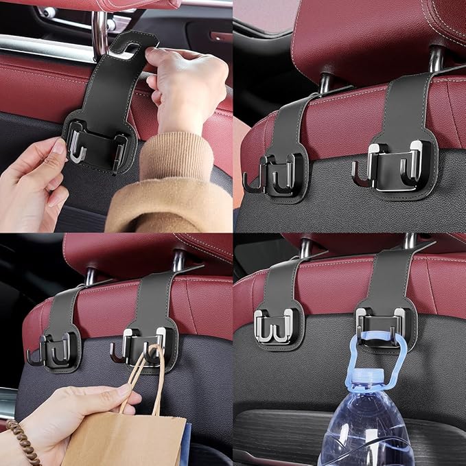 2PCS Car Seat Back Storage Hook, Foldable Metal Vehicle Headrest Dual Hook for Purses Handbags Groceries, Multifunctional Auto Interior Hanger Accessories, Universal Fit (Black)