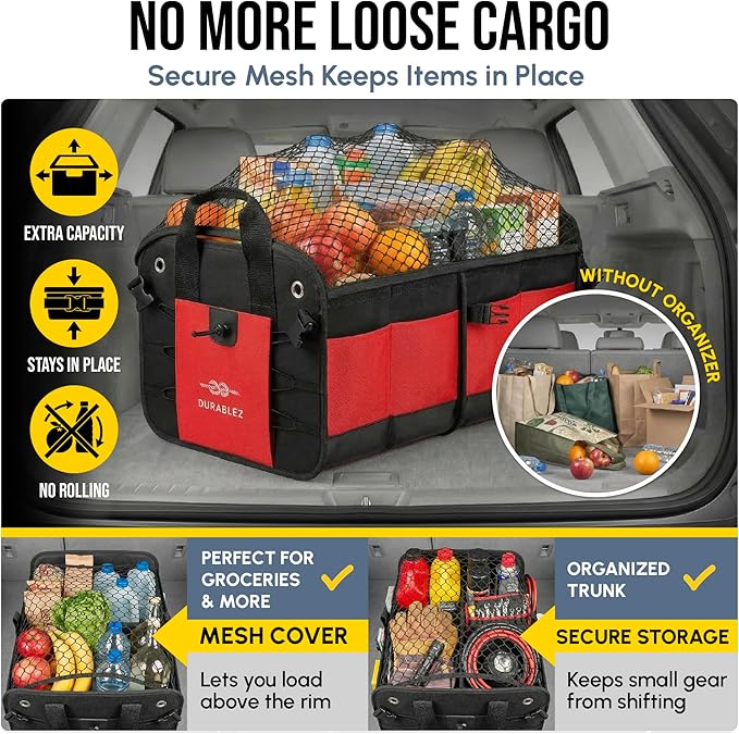 XL Trunk Organizer 3-Section Modular – Extra Large Car Storage for Groceries & Travel Gear, Multi-Compartment Foldable Cargo Bin – Red