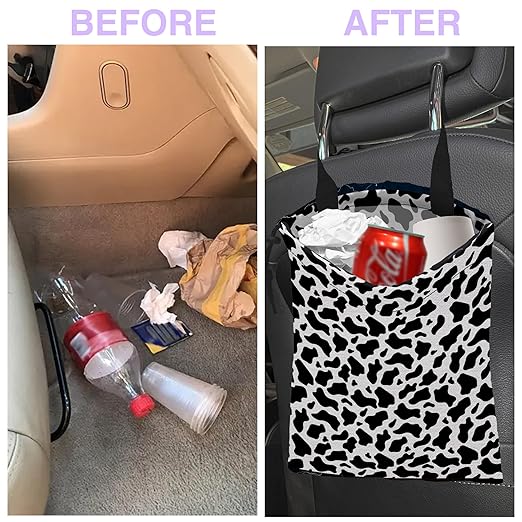 Car Trash Bag Hanging Black and White Cow Texture Car Trash Can for Back Seat Waterproof Car Garbage Can with Adjustable Straps and Drawstring for Car Accessories Vehicle Travelling Camping