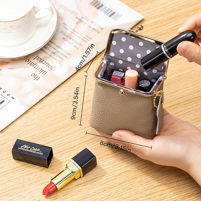 Litchi Leather Coin Purse for Women, Portable Vintage Wallet Mini Lipstick Holder Fashion Solid Color Kiss Lock Key Storage Square Pouch (Wine red)