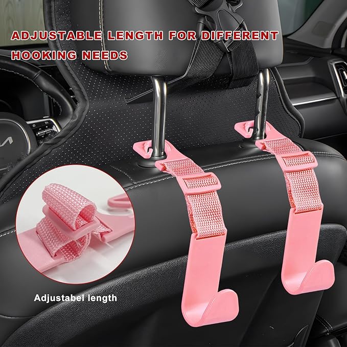 4PCS Car Seat Headrest Hook, Adjustable Vehicle Backseat Hanger Storage Organizer, Universal Seat Back Holder Hooks for Purse Coat Grocery Bag, Car Accessories (Pink)