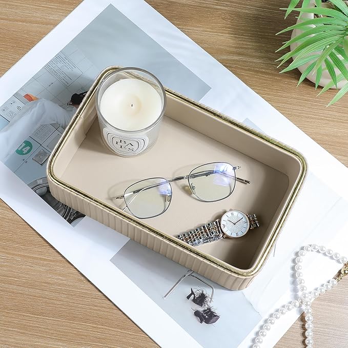 Desk Organizer Tray, PU Leather Nightstand Organizer Perfume Valet Tray for Men Women, Decorative Vanity Trays Trinket Dish Key Bowl for Entryway Table (Beige, Small)