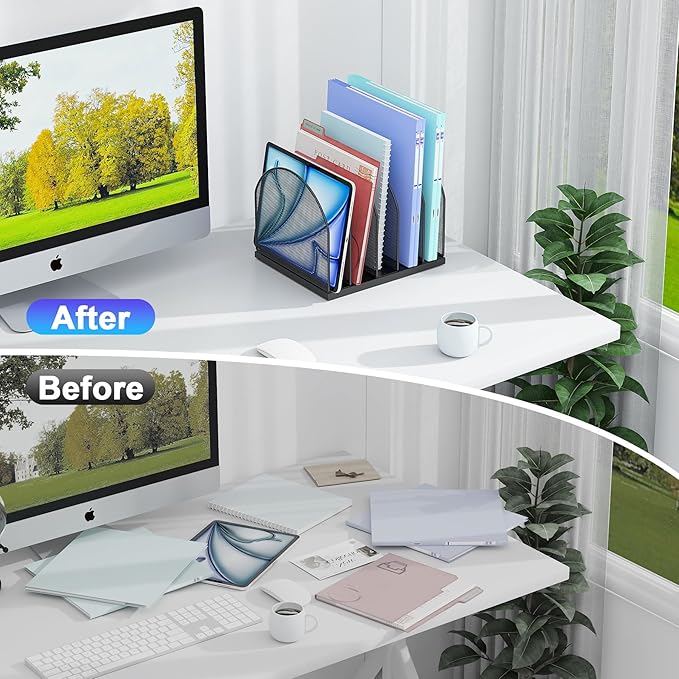 gianotter Desktop File Organizer, Desk Organizer with 5 Compartments, Paper Organizer for Desk, Workspace Organizers for Office Supplies (Black, Upright Style)