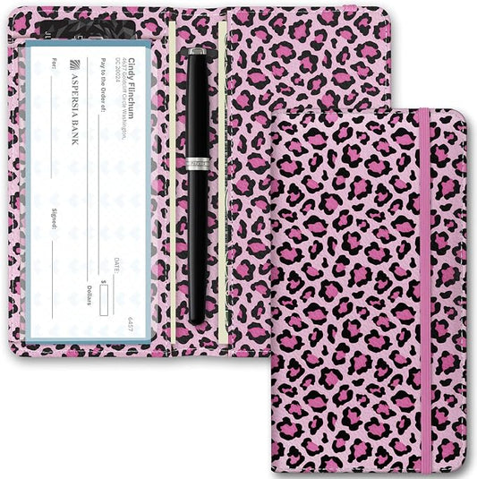 Checkbook Cover for Men Women, Premium Leather Checkbook Holder with RFID Blocking and Built in Clear Plastic Divider for Personal and Business Checks (Leopard-Pink)
