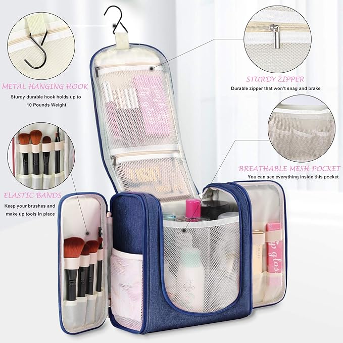 Freegrace Extra Large Hanging Toiletry Bag for Men and Women - Water-Resistant Nylon Travel Bathroom Organizer for Cosmetics, Makeup, and Toiletries