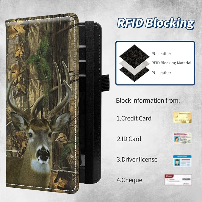 Checkbook Covers for Personal Checkbook Duplicate Checks RFID Blocking Checkbook Cover for Women Men with Elastic Strap Card Slots Pen Holder - Forest Cute Deer