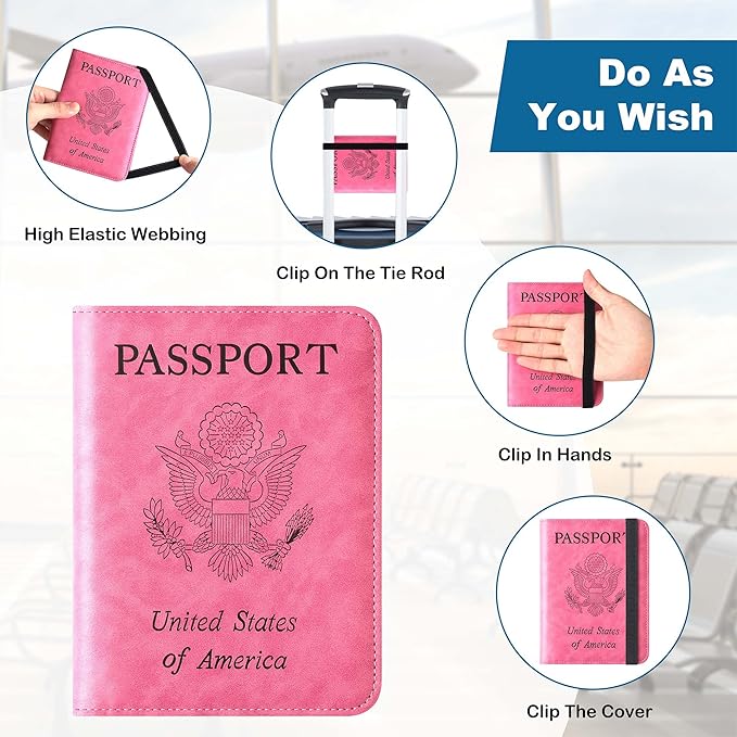 Passport Holder for Travel Essentials Wallet Rfid Blocking Cover Leather Case Vacation Travel Accessories for Women Men (602#Pink)