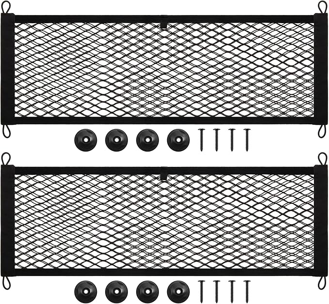 Frienda 2 Pieces Stretchable Small Cargo Net Pocket Storage Mesh Net Elastic Automotive Storage Pouch with 8 Pieces Mounting Screws and Hooks for Truck Car SUV Boats(29 x 9.8 Inches)