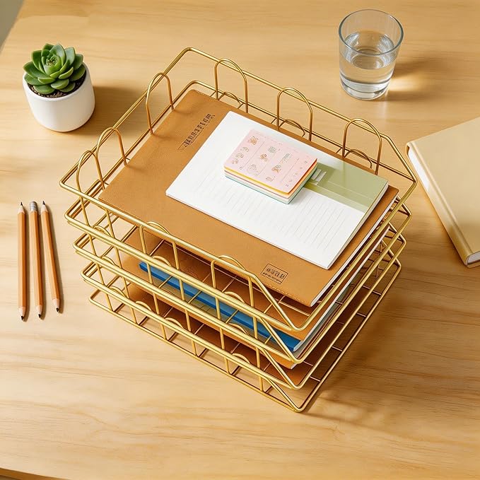 JIARI 4 Pack Desk Organizer Stackable Letter Tray Paper Organizer, Metal Desk Organizer Tray for Letter/A4 Paper Storage, for Office Supplies (Gold 4 Pack)