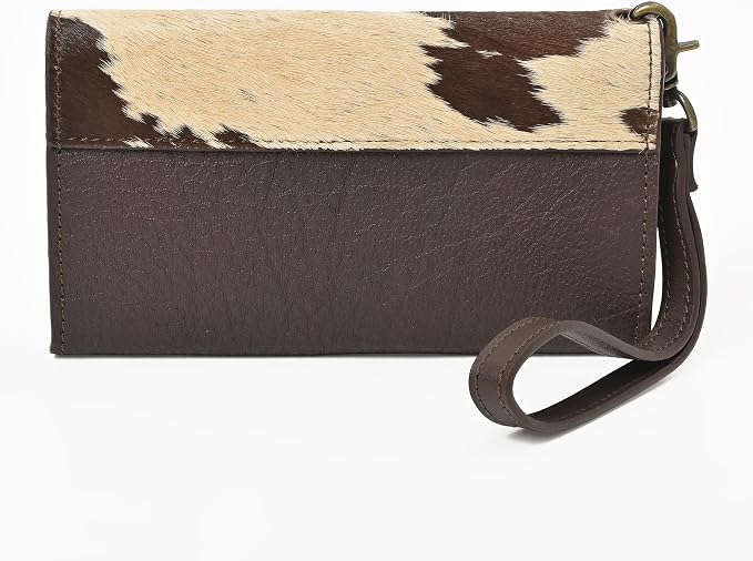Merbaa Leather Wallet for Women, Wristlet Bifold Card Cash Phone Wallet Ladies Cowhide Hair-On Travel Clutch Purse, Slim Bifold Organizer with Card Slots, Zip Coin Pocket & Magnetic Closure, Brown
