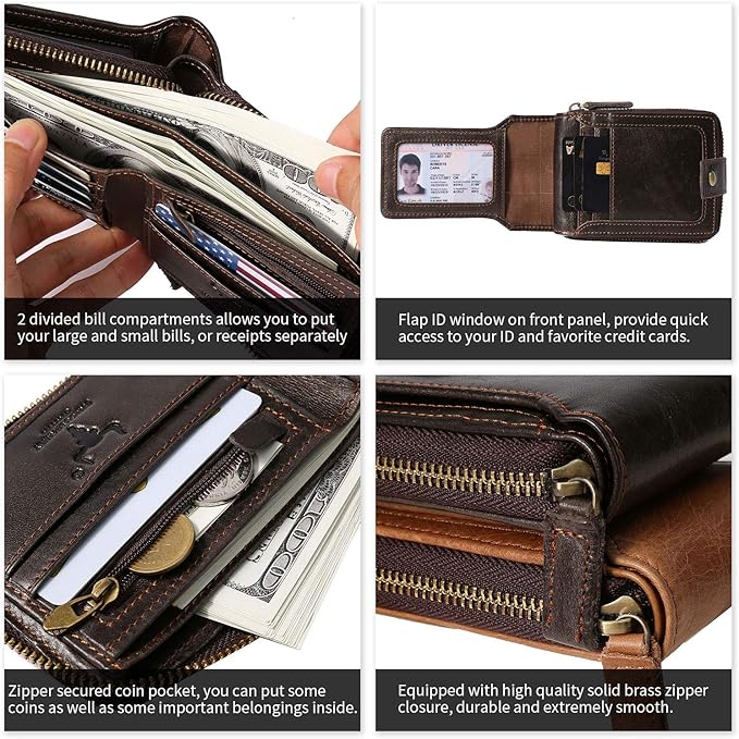 MING CLAN Leather RFID Blocking Bifold Wallet For Men With Zipper, Flap ID Window Zip Coin Pocket, Big Capacity Credit Card Holder For Travel