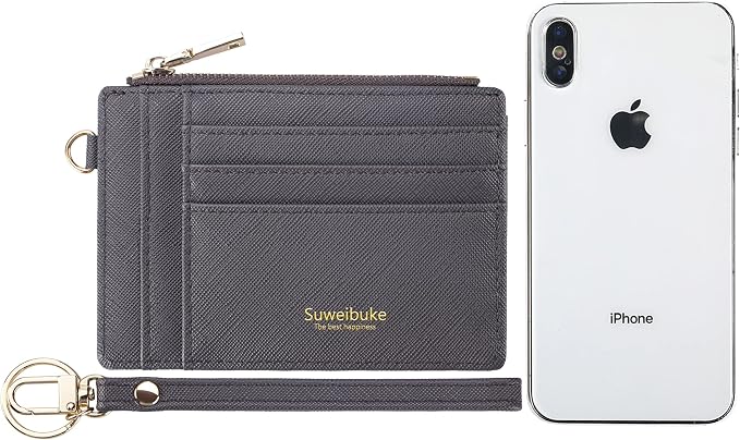 Wikavanli Women Slim Rfid Blocking Credit Card Case Holder Wristlet Zip ID Case Wallet Small Compact Leather Wallet Coin Purse with Keychain (Gray a)