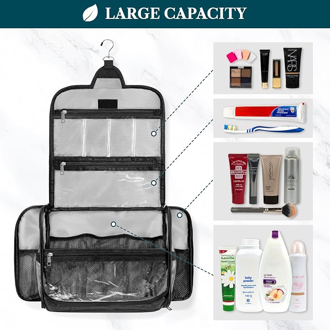 PAVILIA Large Hanging Toiletry Bag for Women Men, Travel Cosmetic Organizer with 10 Compartments, Swivel Hook and 3 Leakproof Pockets, Water Resistant Makeup Case, Packs Flat, Black