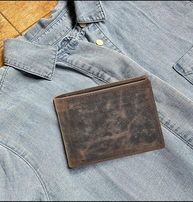 Real Leather Mens Bifold Wallet RFID Blocking Slim Minimalist Front Pocket - Thin & Stylish with ID Window in Gift Box (Crazy Horse, Moss)