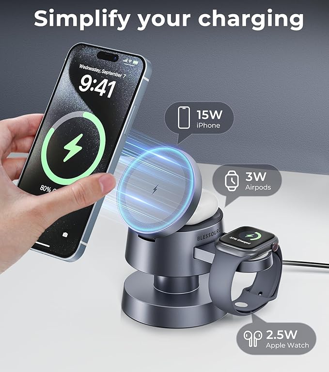 4-in-1 Magnetic Wireless Charging Station for iPhone 17/16/15/14 Pro Max, with Night Lamp and 20W Adapter Wireless Charging Station Fast Charging for Apple Watch, Earphones & Multiple Devices