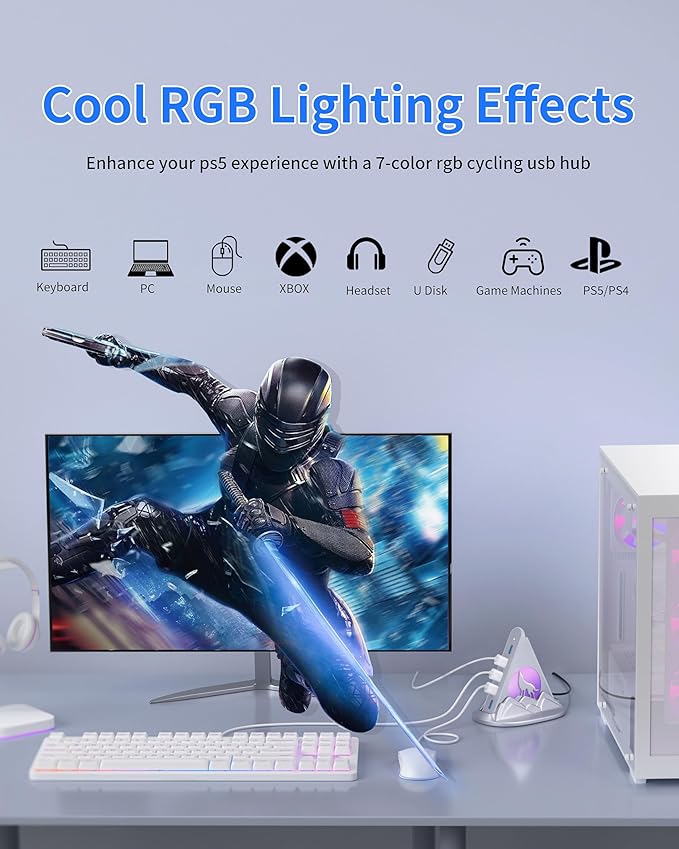 USB Hub 3.0, 7-Port USB Hub with RGB Night Light and Base, Vertical USB a Splitter for Desktop,Laptop, MacBook, Xbox, PS4/5, Game Console, Flash Drive, XPS, PC, Printer, Camera, Keyboard (Silver+Base)