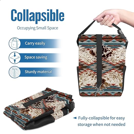 Car Trash Can with Lid Western Aztec Cow Print Collapsible Reusable Leak-Proof Auto Garage Bag,Hanging Vehicle Car Accessories Interior Car Organizer