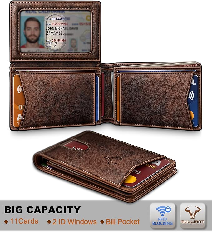 BULLIANT Men Wallet, Slim Leather Wallet Front Pocket Card Holder Gift For Men 11 Slots RFID Blocking