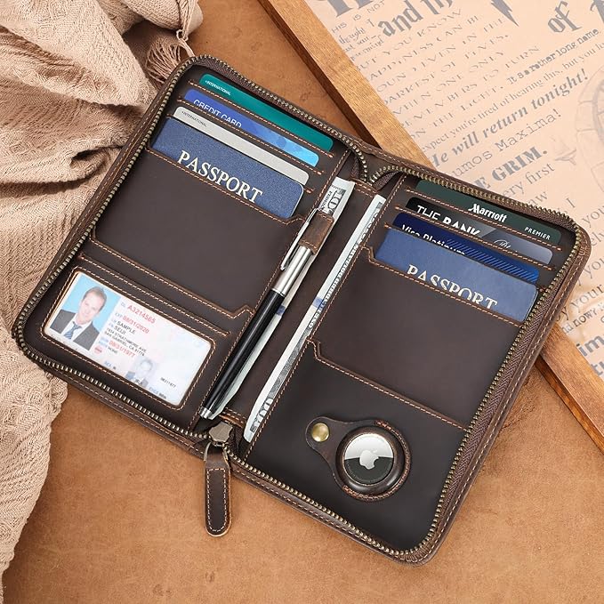 Polare Full Grain Leather Passport Holder Cover Case for Men RFID Blocking Travel Wallet Holds 4 Passports (Dark Brown with AirTag Slot)