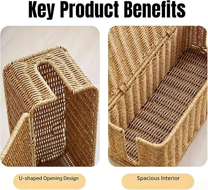 Rattan Woven Cable Management Box, 12.4"x5.1"x5.1" Farmhouse Style Power Strip Organizer, TV Stand Desk Cord Storage Box, Desktop Wire Organizer, PP and Iron Frame, Natural Color (Light)