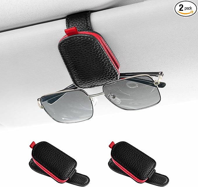 SINGARO Sunglasses Holder for Car, Leather Magnetic Buckle Sun Visor Sunglass Clip, Ticket Card Storage Glasses Clip, Car Interior Accessories for Men and Women（2PCS Black-red）