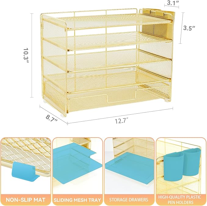 LEKETREE Desk Organizers and Accessories, 5-Tier Paper Letter Tray Organizer with Drawer & 2 Pen Holders, Desktop Organizer for Office Supplies (Gold)