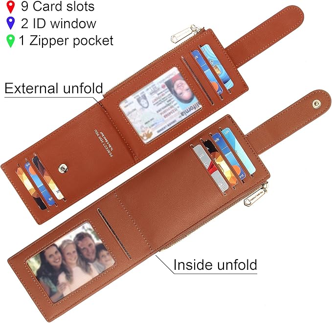 Badiya Slim Women Wallet RFID Blocking Bifold Compact 9 Card Slots Holder Wallets Soft Leather with Zipper Coin Pocket 2 ID Window