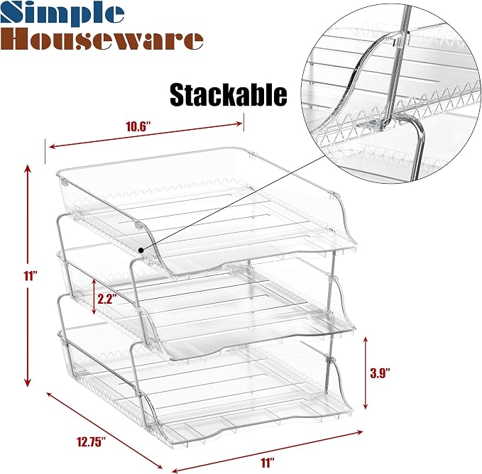 Simple Houseware 3-Tier Crystal Clear Stackable Document Letter Tray Paper Organizer - Desk Organizer for A4/Letter Size Documents, File Sorter, Paper Holder, Office Desktop File Storage, Acrylic Look
