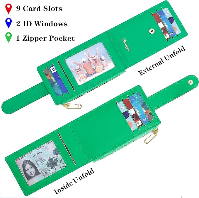 Badiya Slim Women Wallet RFID Blocking Bifold Compact 9 Card Slots Holder Wallets Soft Leather with Zipper Coin Pocket 2 ID Window