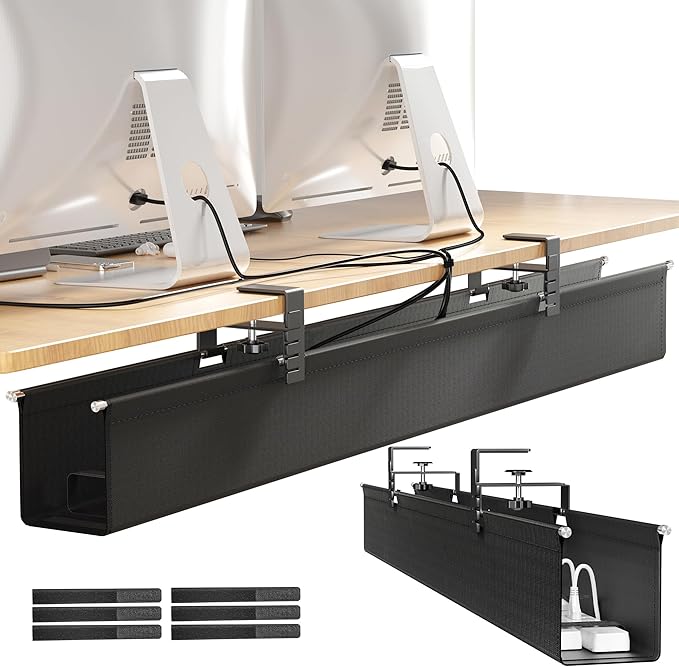[Upgraded] Large Under Desk Cable Management Tray, Cinati Cable Management Under Desk No Drill, 42" Fabric Cord Hider for Wire Organizer, Cord Organizer for Office, Home - Supports Up to 30lbs Black