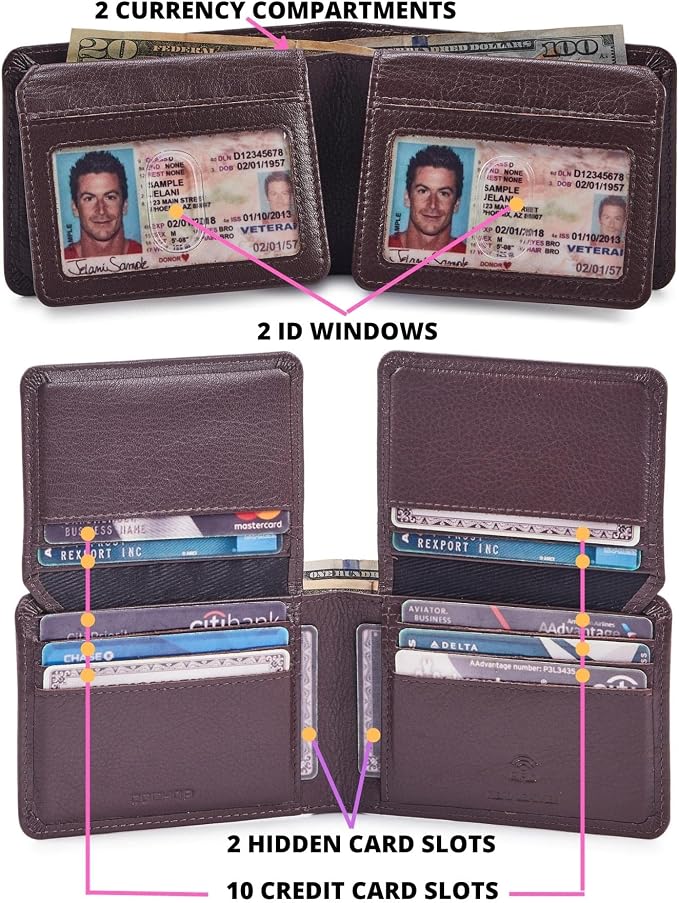 Cochoa Wallet for Men Bifold Leather RFID Blocking High Capacity Slim Card Case with 2 ID Window for Gift (Nappa, Chocolate)