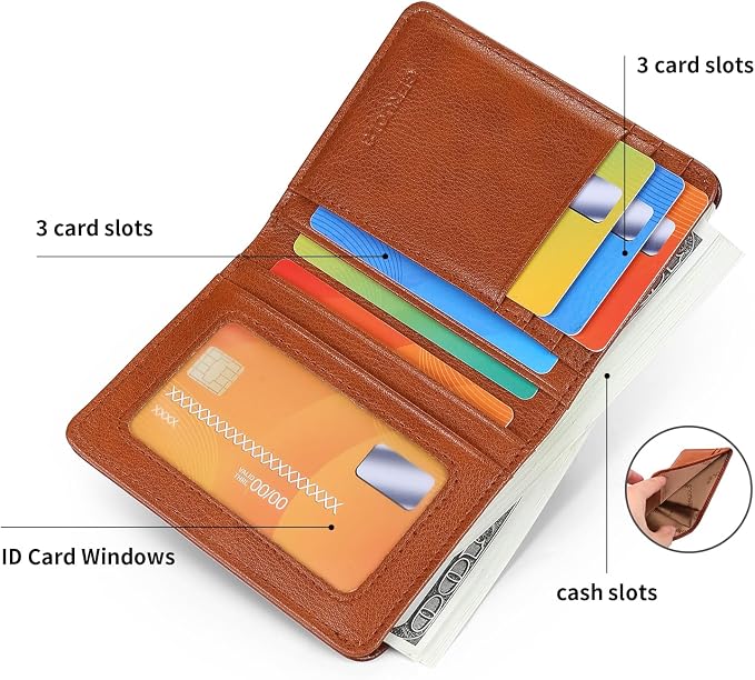 Bifold Slim Men Wallet Genuine Leather Thin, Small Vertical RFID Blocking Wallets for Men ，Compact & Stylish with Clear ID Windows (Brown)