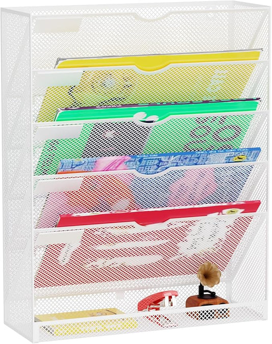 Hanging Wall File Organizer 6 Tier Wall Mounted File Holder Document Wall Organizer Magazine Organization for Office Home, White