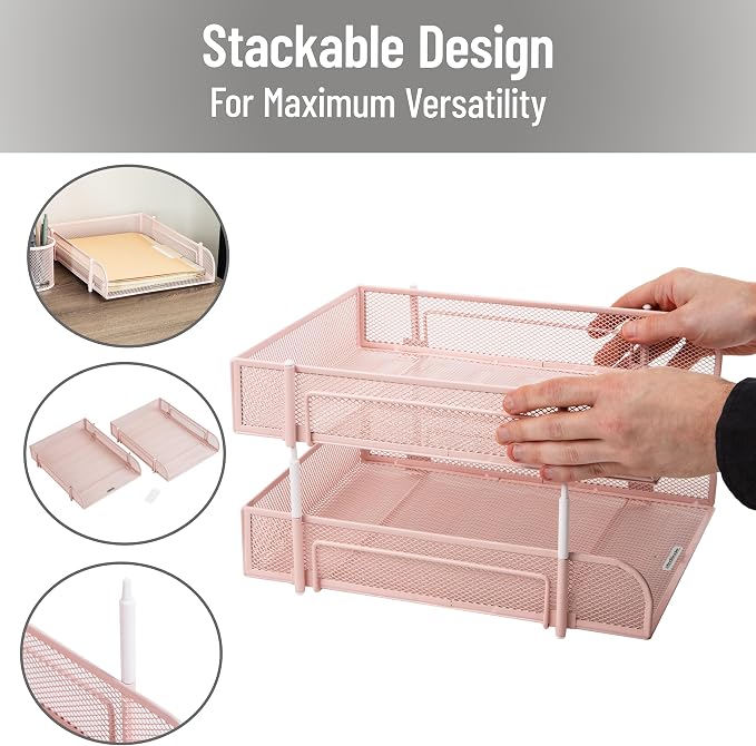 Mind Reader Stackable Paper Tray, Desktop Organizer, File Storage, Office, Metal Mesh, 2 Pcs, Pink