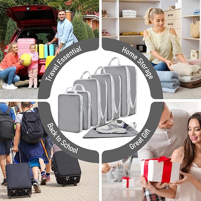 6 Set Compression Packing Cubes, Suitcase Organizer, Lightweight Travel Essentials, Compression Bags For Travel Accessories Luggage Storage Set (6Pcs, Gray)