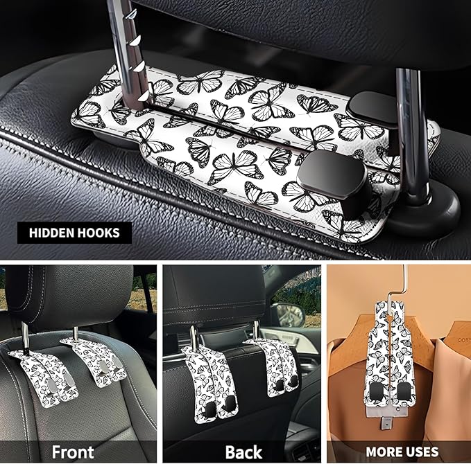 Car Seat Headrest Hook, Universal Leather Cute Hanger Holder Hook, Storage Organizer Interior Accessories for Purse Bags Handbag Black White Cute Butterfly