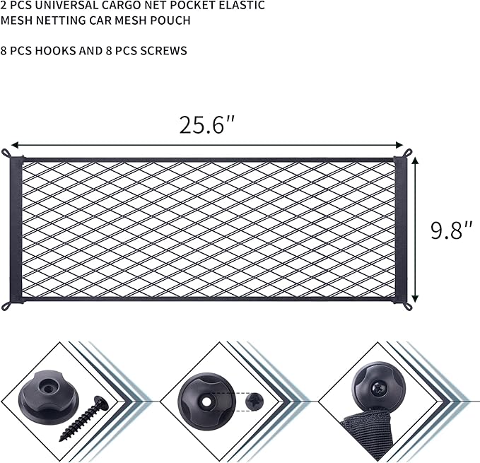 2 Pcs Universal Stretch Mesh Car Mesh Bag with Screws and Hooks for Trunk RV Boats Home Cargo Storage (25.6'' x 9.8'')