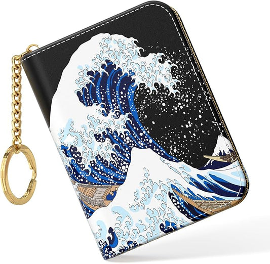 Nipichsha Credit Card Holder, Small RFID Card Wallet for Women, Slim Leather Card Holder Wallet, Credit Card Wallet Organizer, Pocket Business Card Case with Zipper & Keychain, Japanese Wave