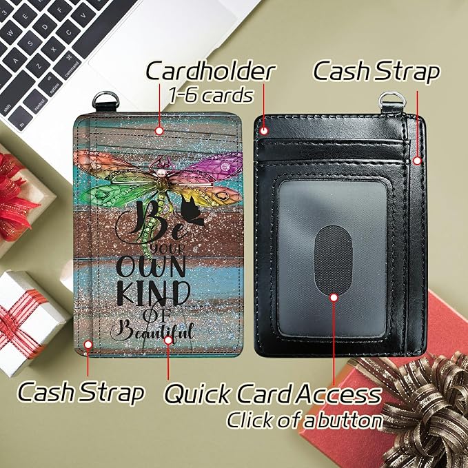 Small Travel Wallets, Dragonfly Glitter Wood Slim Minimalist Front Pocket Wallet with Wristlet, RFID Blocking PU Leather Credit Card Holder with ID Window Change Purse for Men Women