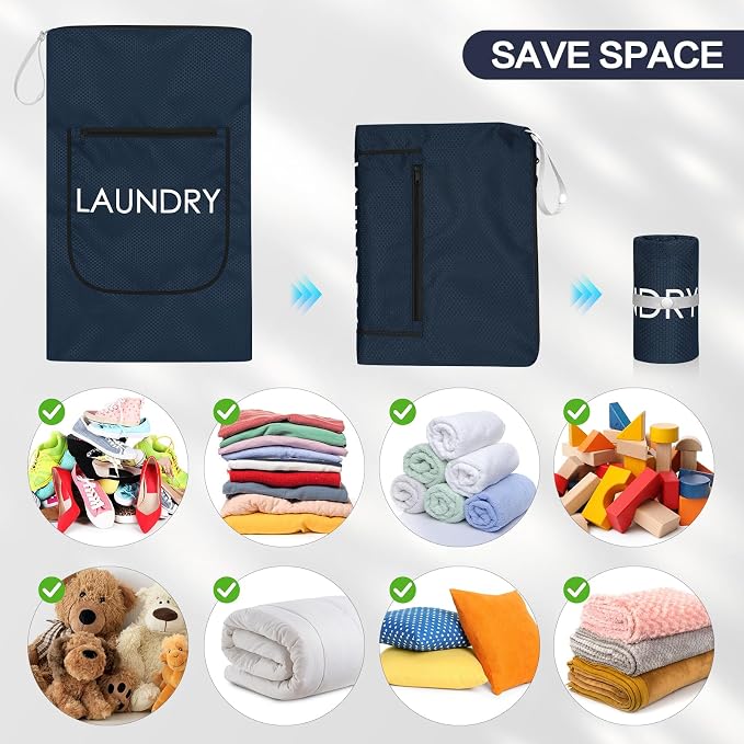 Weesiber 2 Pack Laundry Bags - Foldable Travel Dirty Clothes Organizer with Zipper, Washable Wet Dry Bag for Gym, Swimming, Yoga, and Workout Bathing Suits (Navy Blue, Small+ Large)