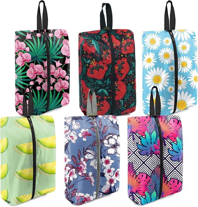 BeeGreen Shoe Bags 6 Pack Flower Design for Travel with Handle as Packing Organizers for Suitcase and Luggage | Portable Nylon Storage Accessories for Vacations, Essential Gifts for Women and Men