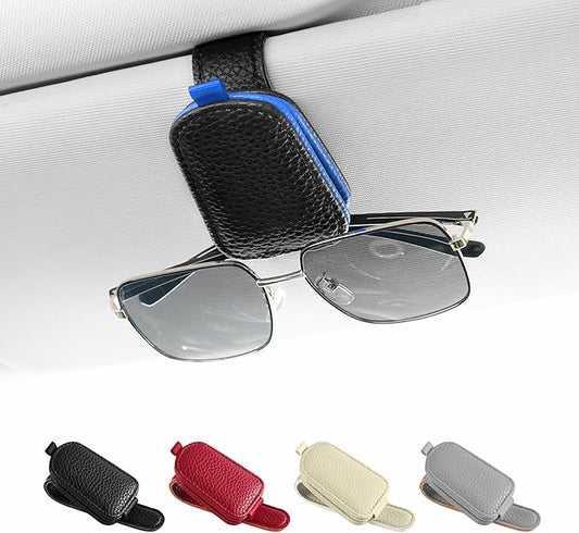 SINGARO Sunglasses Holder for Car, Leather Magnetic Buckle Sun Visor Sunglass Clip, Ticket Card Storage Glasses Clip, Car Interior Accessories for Men and Women（Black-Blue）