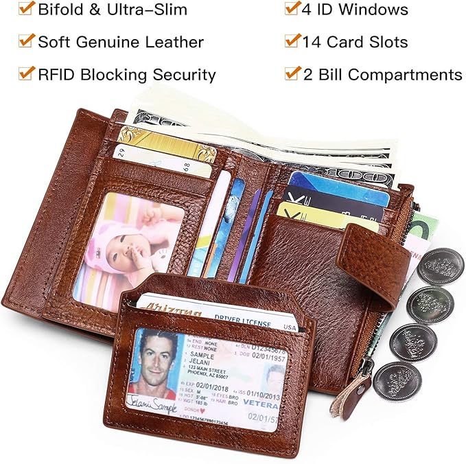 FALAN MULE Wallet for Men Genuine Leather RFID Blocking Mens Wallet with Zipper Coin Pocket ID Window