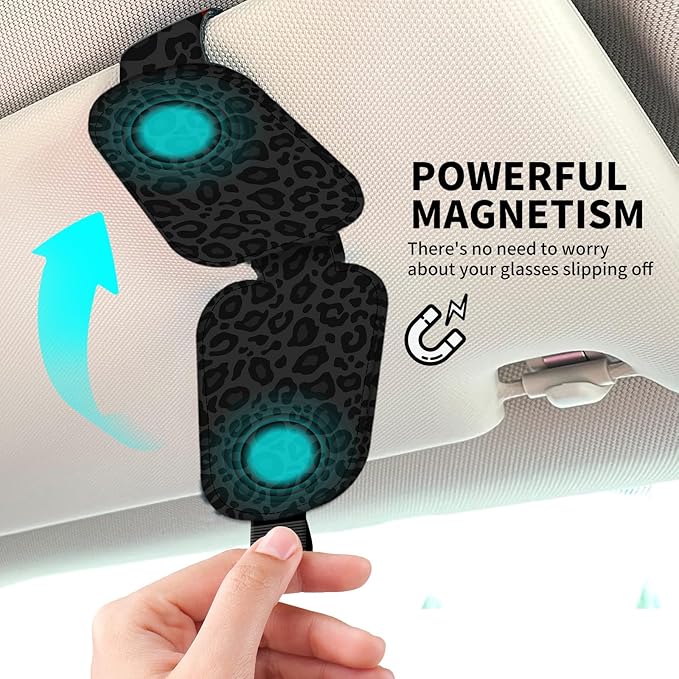Leather Magnetic Sunglass Holder for Car Sun Visor, Cute Eyeglass Ticket Card Hanger Clip, Universal Auto Interior Accessories for SUV Pickup Truck Black Leopard