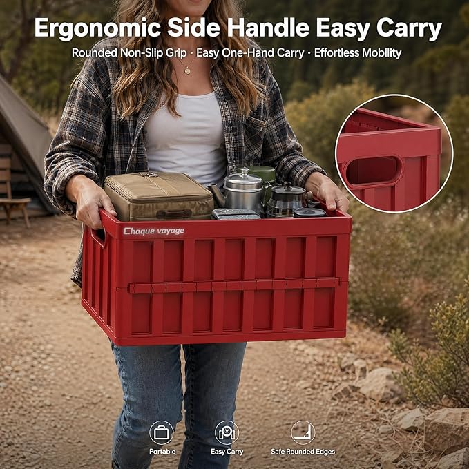 CTESNE【3-in-1 Wooden Lid 50L Storage Bins with Lids and Handle，Portable Foldable Storage Box ，Plastic Stackable Storage Bins for Camp Car RV, Office (Red)